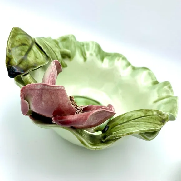 Vintage Majolica Pottery Bowl 8” Green Leaves Pink Capodimonte Raised Flower - Picture 11 of 16